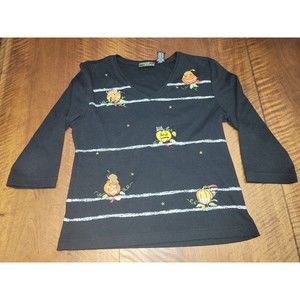 Onque Casuals Embroidered Halloween Cats & Pumpkins Stretch Knit Top, Size M